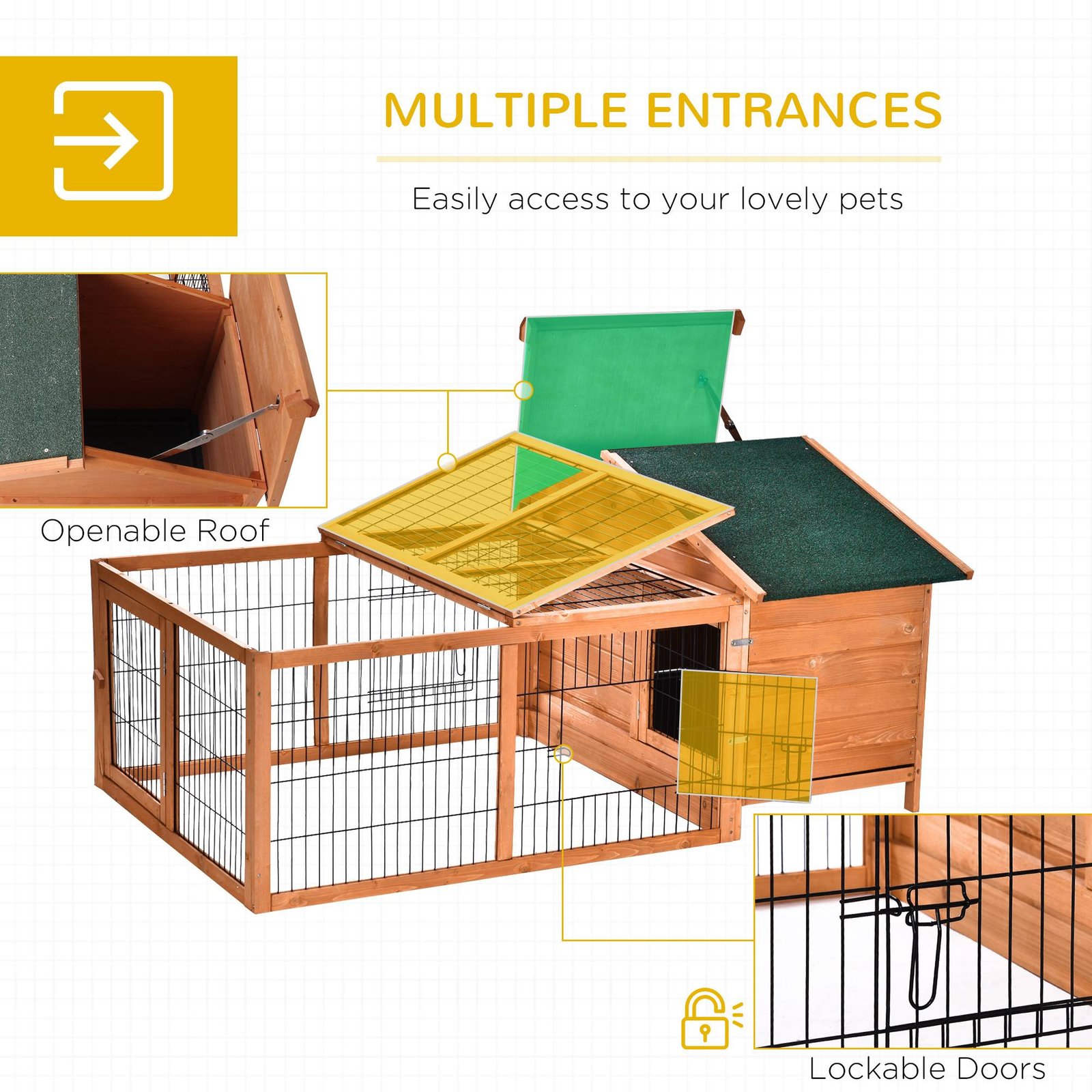 PawHut Wooden Rabbit Hutch Outdoor, Guinea Pig Hutch, Detachable Pet House Animal Cage with Openable Run & Roof Lockable Door Slide-out Tray 146 x 95 x 69cm - Image 5