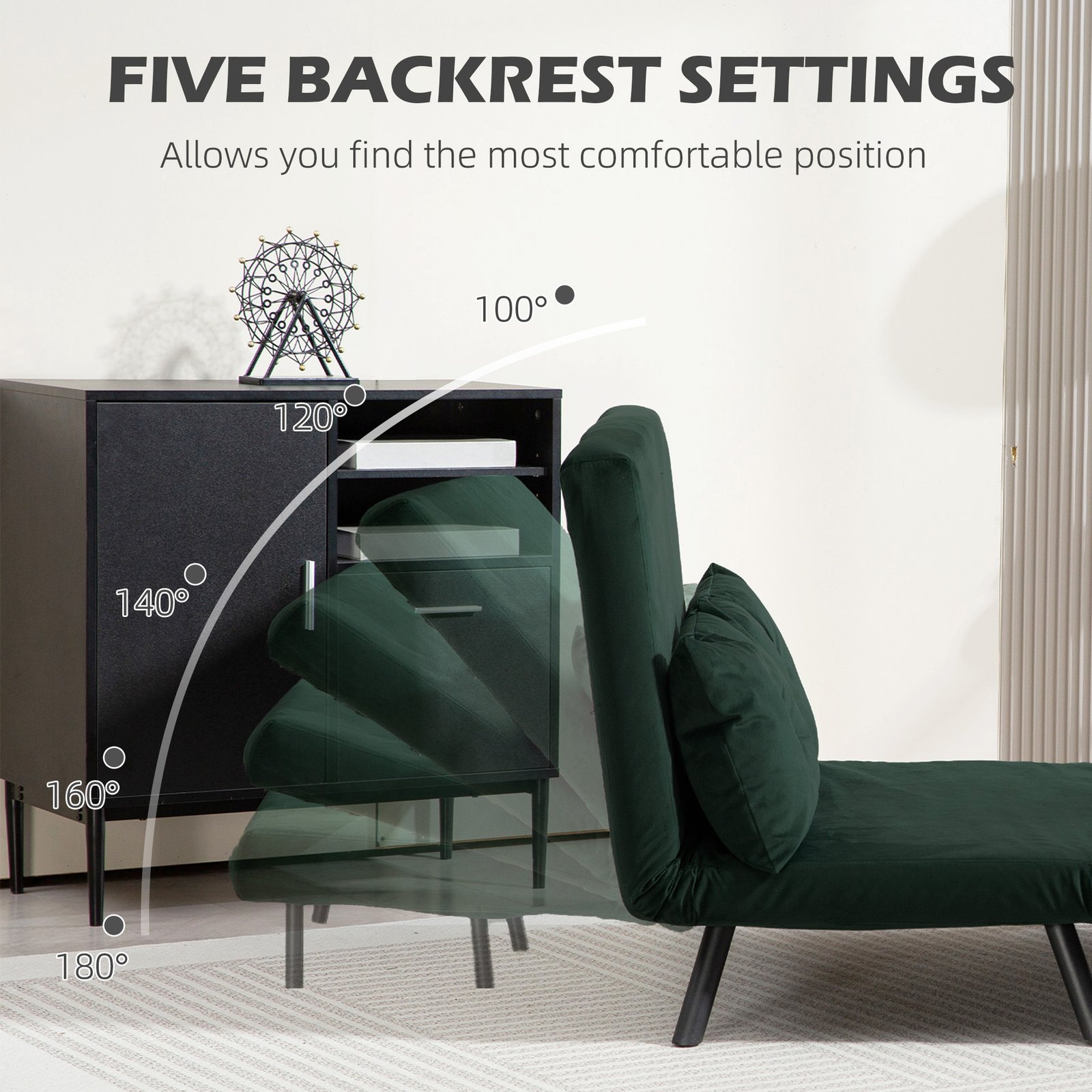 HOMCOM 4-in-1 Velvet-Feel Double Sofa Bed, with Pillows - Green - Image 5