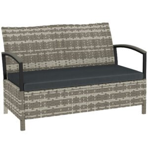 Outsunny 125L Garden Storage Bench, 2 Seater PE Rattan Outdoor Bench Storage Box with Padded Cushion, Dark Grey