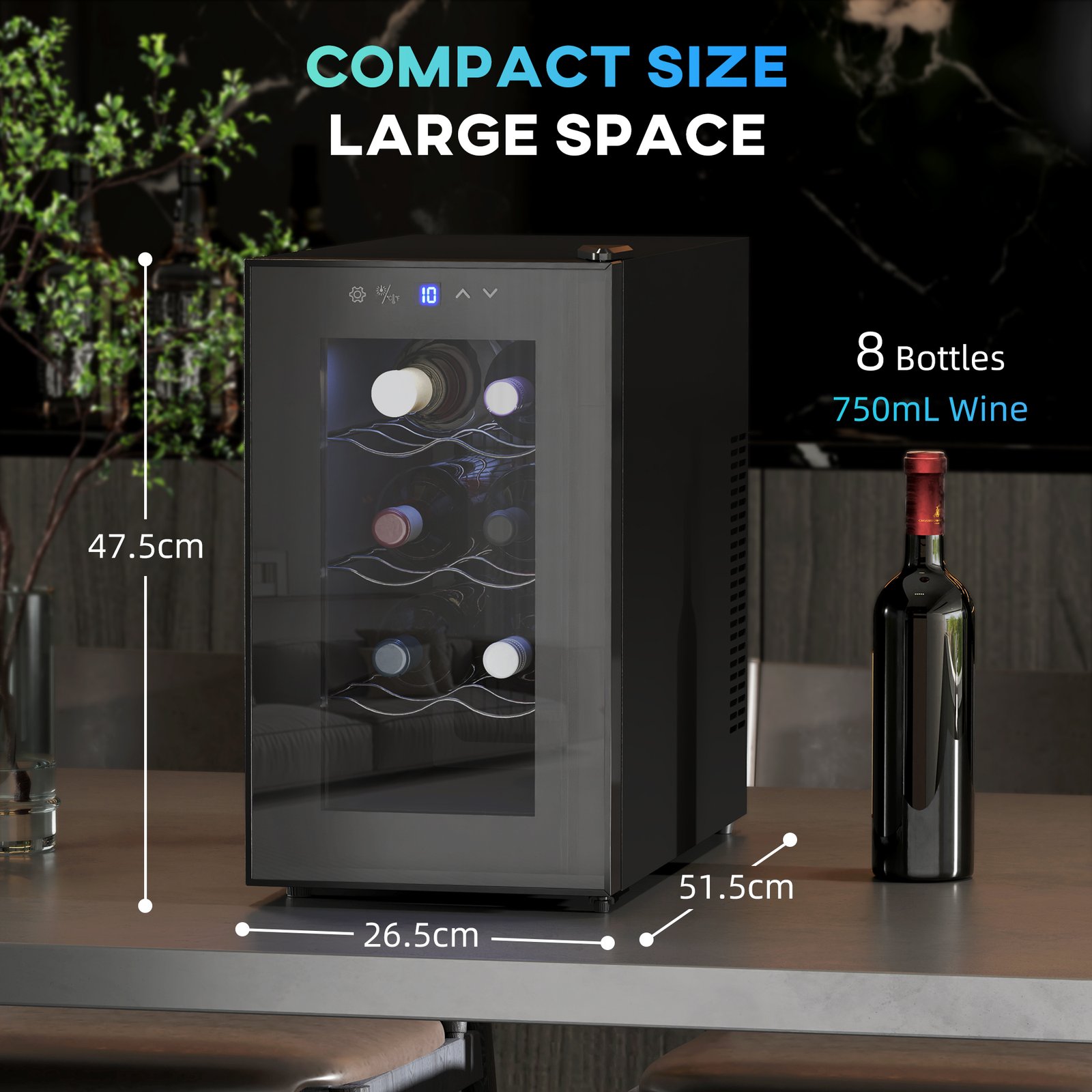 HOMCOM Mini Table Top Wine Fridge, 8 Bottle, 17L, 8-18?, 26.5cm Quiet Under Counter Wine Cooler Fridge with Glass Door, LED Light, Digital Touch Screen, Temperature Control - Image 3