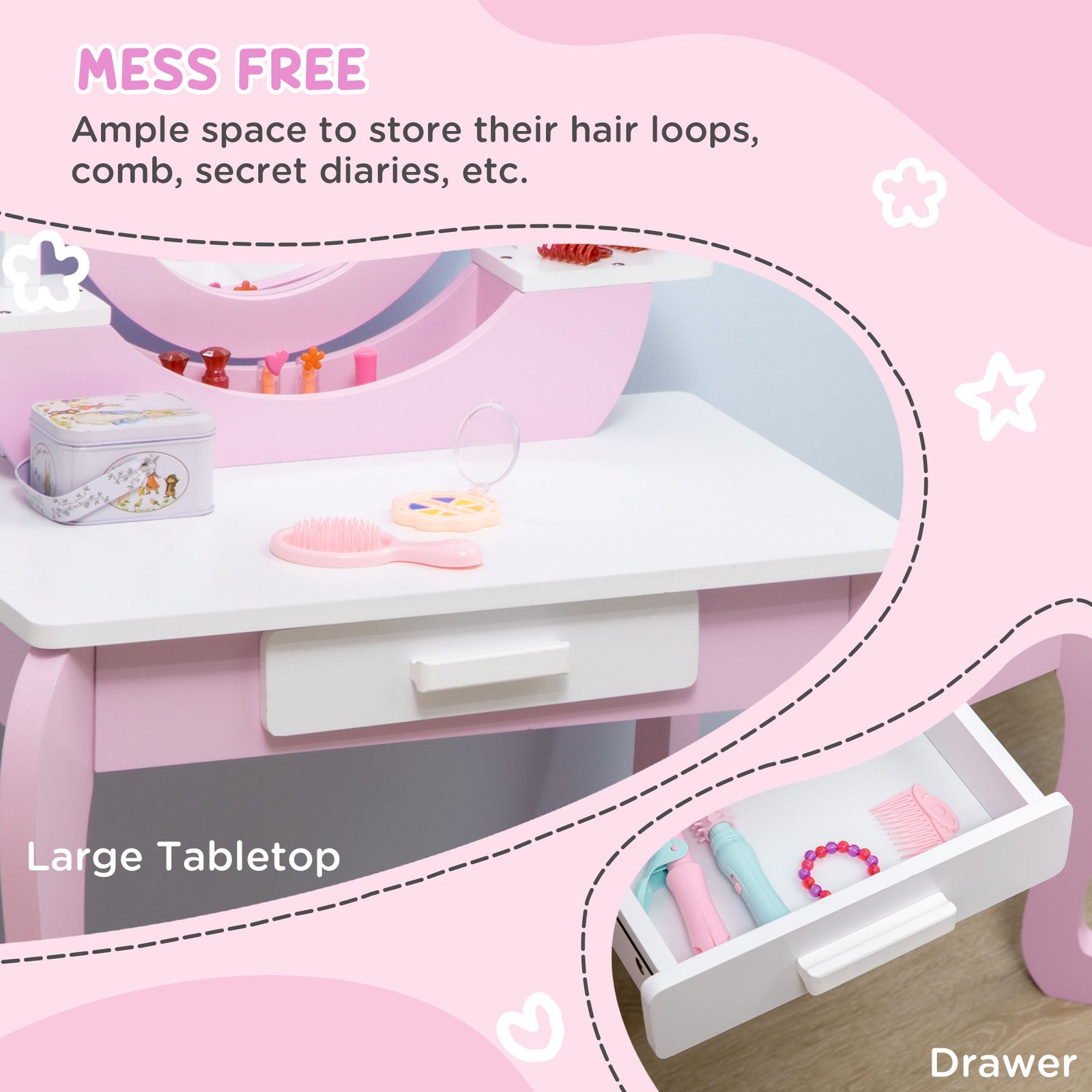 ZONEKIZ Kids Dressing Table Set, with Mirror, Stool, for Ages 3-6 Years - Pink - Image 5