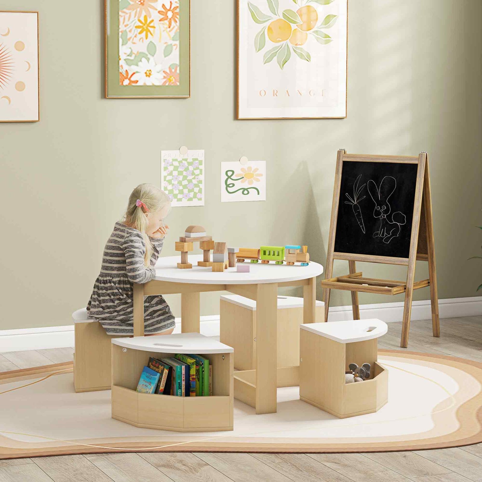 AIYAPLAY Five-Piece Kids Table and Chairs Set with Storage, for Ages 3-8 Years, White - Image 2