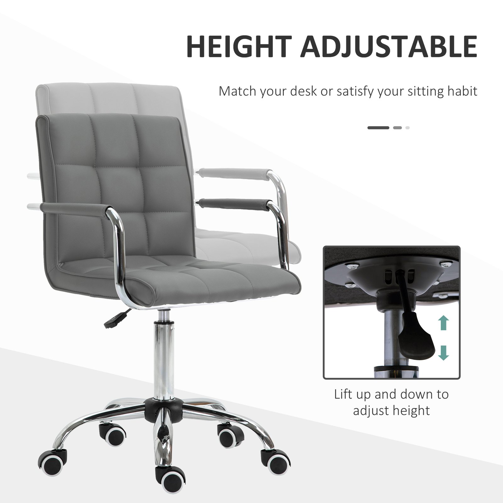 Vinsetto PU Leather Home Office Desk Chair, Computer Chair with Mid Back, Arm, Swivel Wheels, Adjustable Height, Grey - Image 4