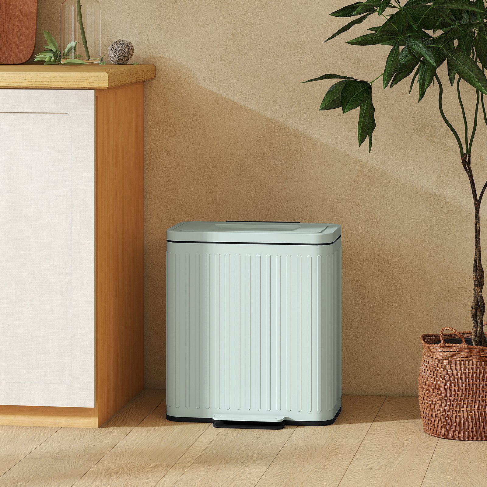HOMCOM Dual Kitchen Bin, 2 x 20L Double Bin for Recycling and Waste, Fingerprint-proof Pedal Bin with Soft-Close Lid, Removable Inner Buckets, Green - Image 8