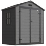 Outsunny 6’x4.5′ Garden Storage Shed, Lockable Garden Shed with Double Doors, Window, Vent and Plastic Roof, Dark Grey