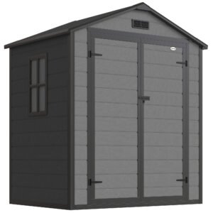 Outsunny 6’x4.5′ Garden Storage Shed, Lockable Garden Shed with Double Doors, Window, Vent and Plastic Roof, Dark Grey Outsunny 6’x4.5′ Garden Storage Shed, Lockable Garden Shed with Double Doors, Window, Vent and Plastic Roof, Dark Grey