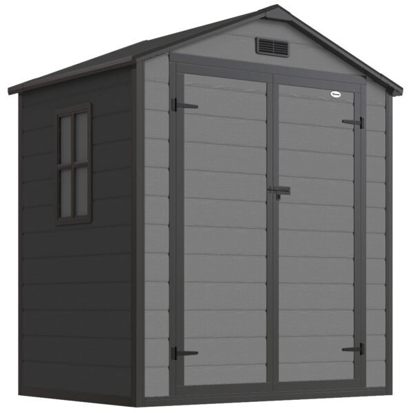Outsunny 6’x4.5′ Garden Storage Shed, Lockable Garden Shed with Double Doors, Window, Vent and Plastic Roof, Dark Grey
