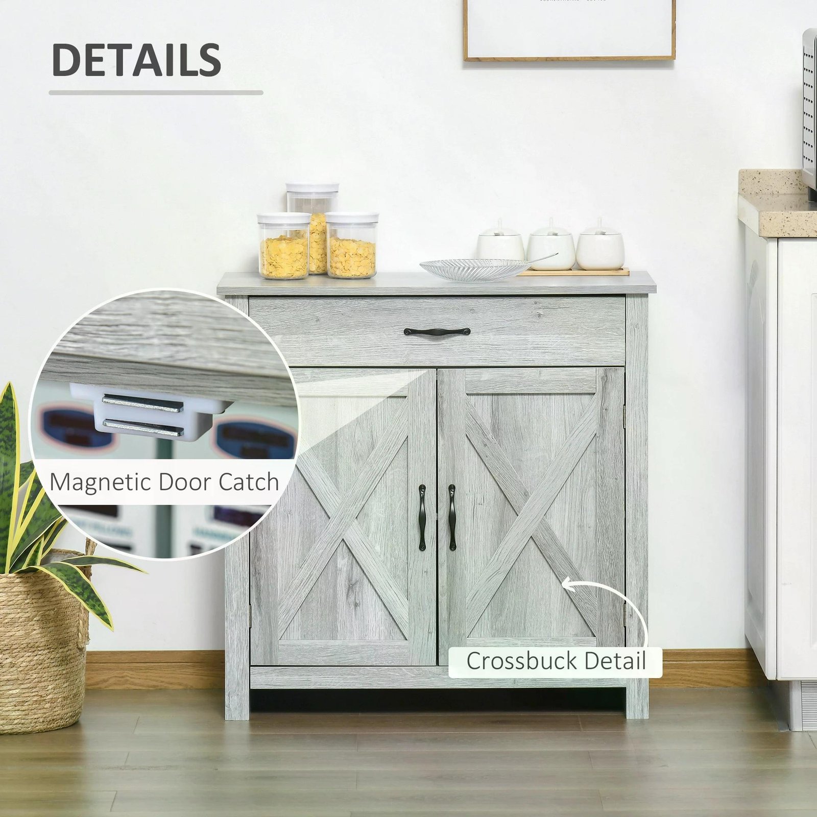 HOMCOM Farmhouse Barn Door Sideboard Storage Cabinet Coffee Bar for LIVING Room Grey Grain - Image 6