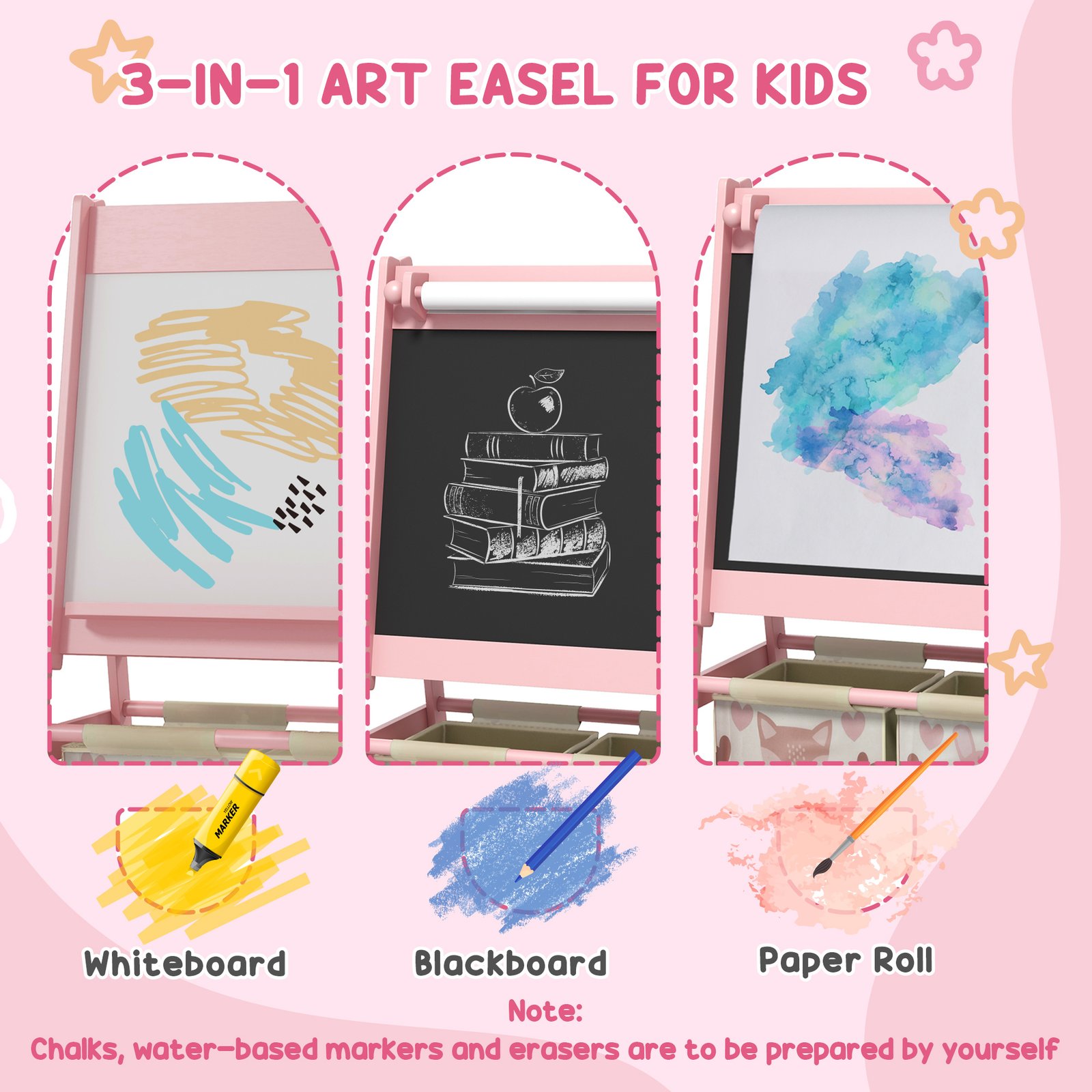 ZONEKIZ Kids Table and Chair Set and Kids Easel with Paper Roll, Storage Baskets, Kids Activity Furniture Set, Pink - Image 4