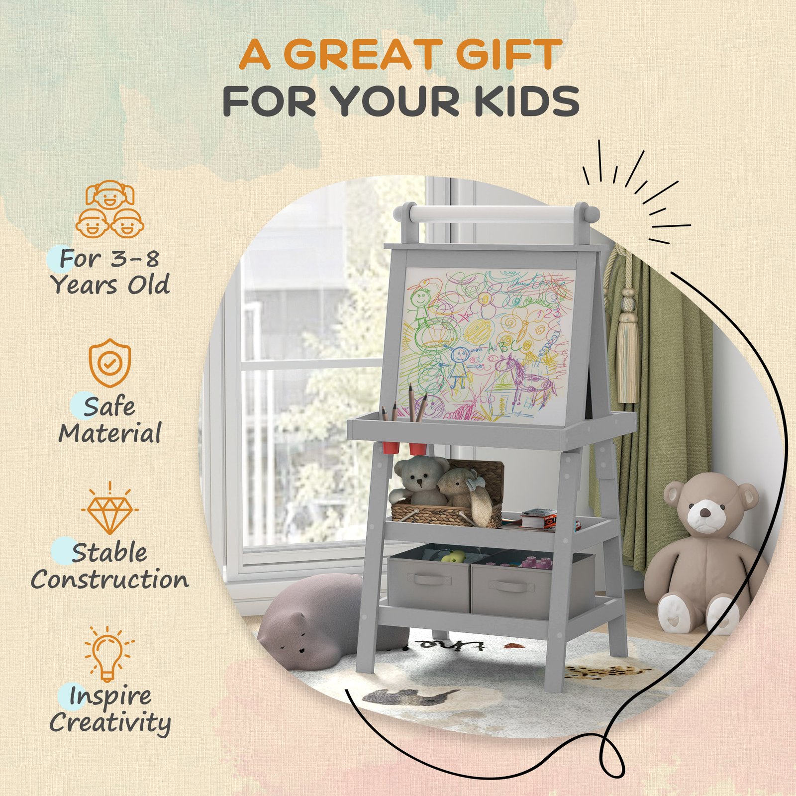 AIYAPLAY 3 in 1 Kids Easel Double-Sided Magnetic Whiteboard and Chalkboard with Paper Roll, Storage Baskets - Grey - Image 6