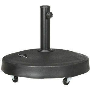 Outsunny 25kg Resin Garden Parasol Base with Wheels and Retractable Handles, Round Outdoor Market Umbrella Stand Weight for Poles of ?38mm to ?48mm, Black