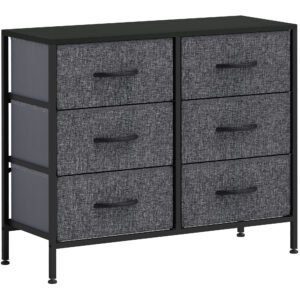 HOMCOM Fabric Chest of Drawers, Industrial Bedroom Dresser with 6 Fabric Drawers, Steel Frame and Wooden Top for Nursery, Living Room, Hallway, Black