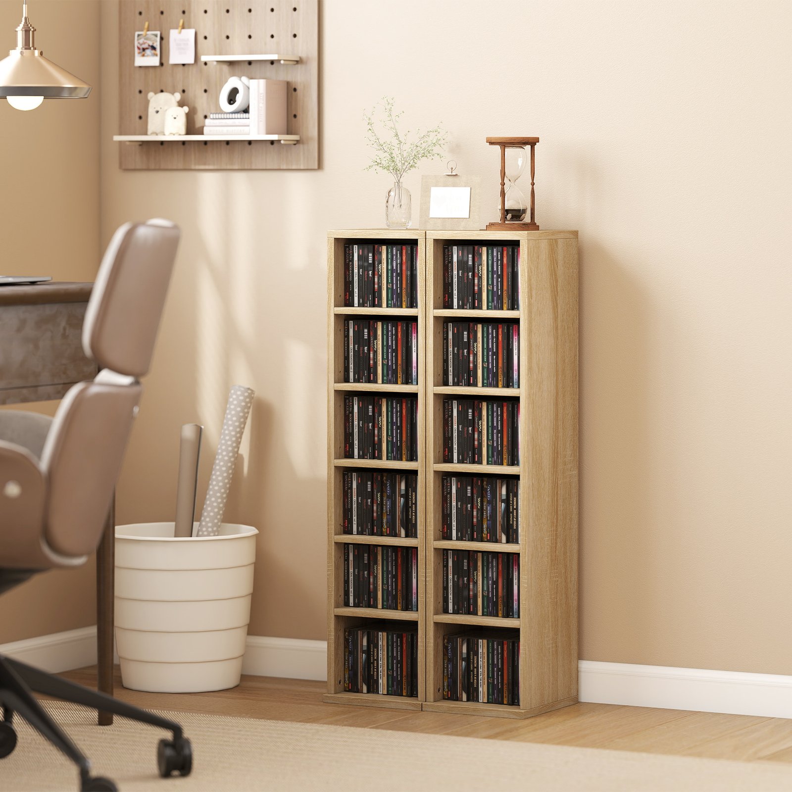 HOMCOM Set of 2 CD Media Display Shelf Unit Tower Rack with Adjustable Shelves, Oak - Image 2