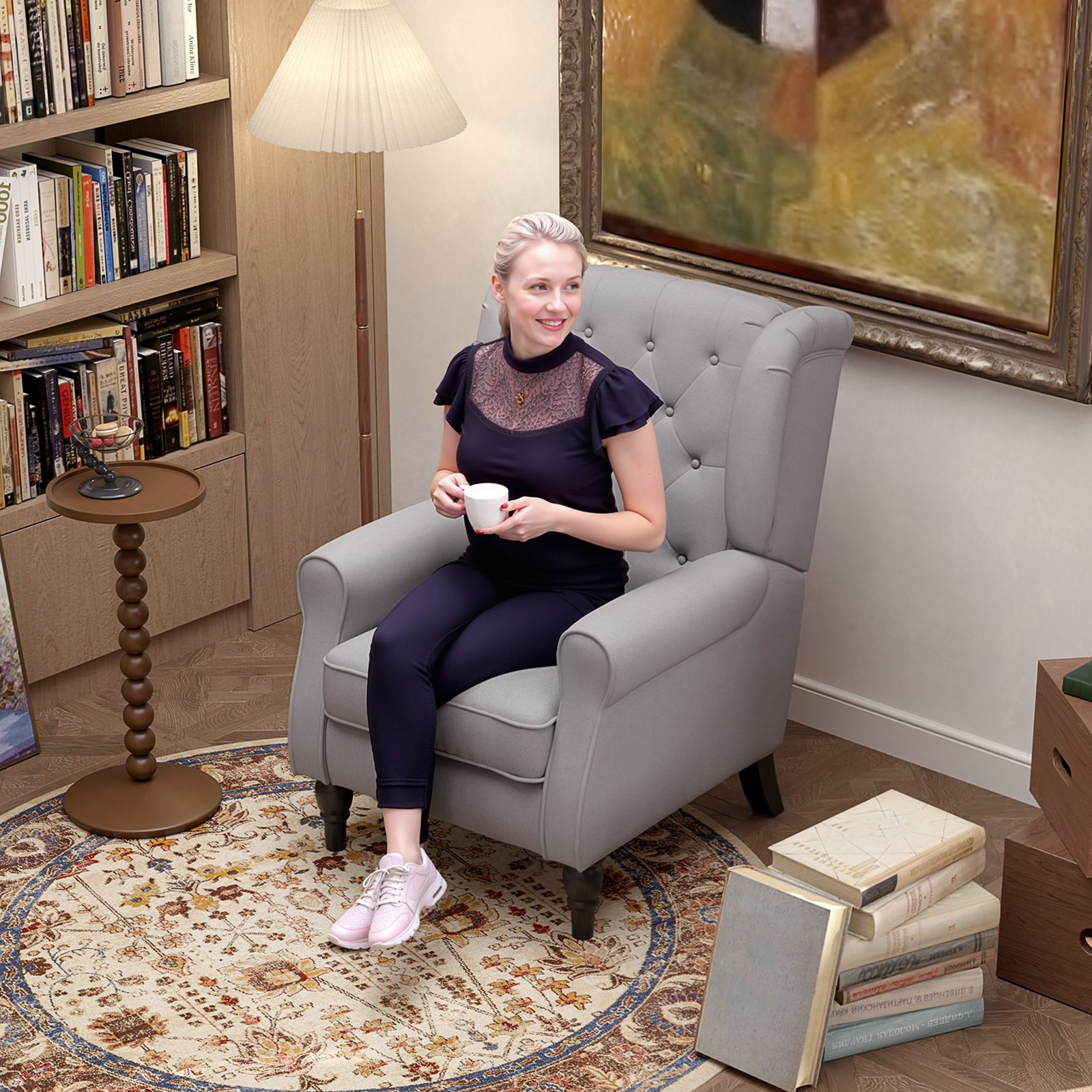 HOMCOM Retro Accent Chair, Wingback Armchair with Wood Frame Button Tufted Design for Living Room Bedroom, Grey - Image 9