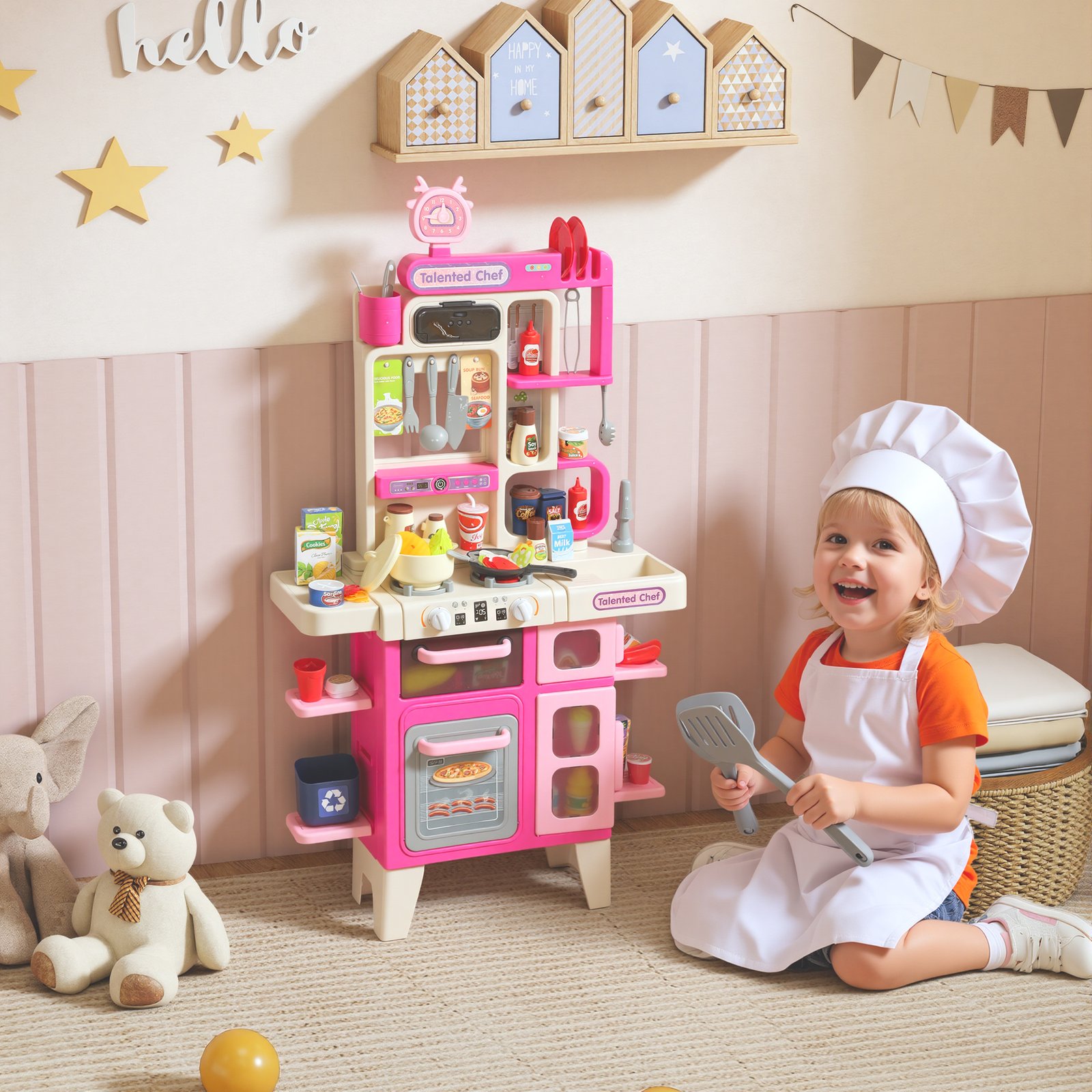 AIYAPLAY Pretend Play Kitchen Set with Realistic Lights & Sounds, 104PCS Toy Kitchen Accessories for Boys and Girls, Pink - Image 2