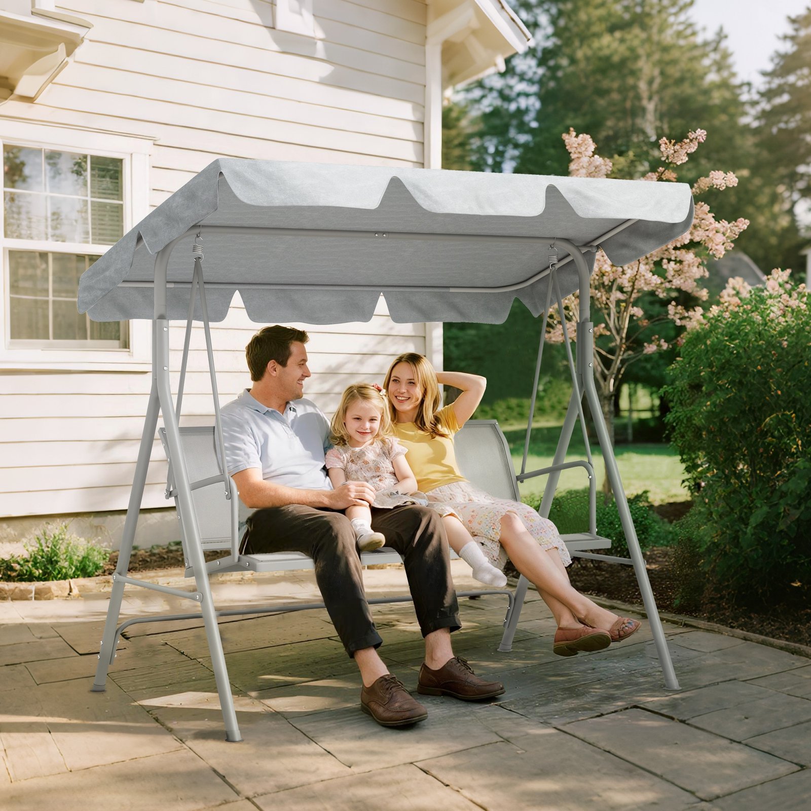 Outsunny Metal Garden Swing Chair, 3-Seater Swing Seat, Patio Hammock Bench Canopy Lounger, Light Grey - Image 2