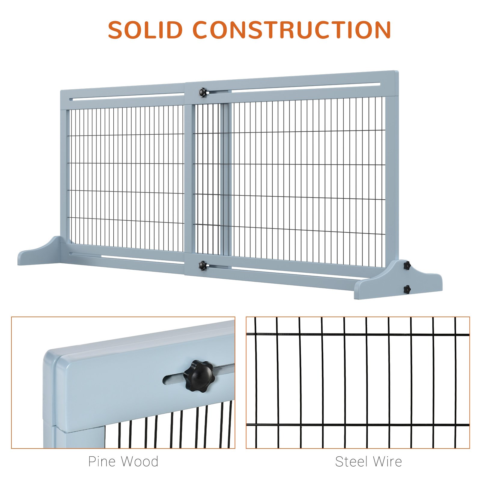PawHut Freestanding Dog Gate, Foldable Pet Fence, Indoor Wood Barrier, Stair Gate with Support Feet, for Doorway, Hallway, Small and Medium Dogs, 69H x 104-180 cm, Blue-grey - Image 6