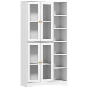HOMCOM Multi-Storage Kitchen Cabinet, with Glass Doors - White Wood-Effect