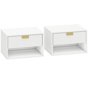 HOMCOM Set of 2 Wall Mounted Nightstands, Floating Bedside Tables with Fluted Drawer and Open Shelf for Small Bedroom, White