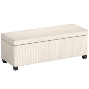 HOMCOM Storage Ottoman Bench, Corduroy Storage Chest Box with Wooden Legs, 112cm Bed End Bench for Living Room, Bedroom, Entryway, Hallway, Beige