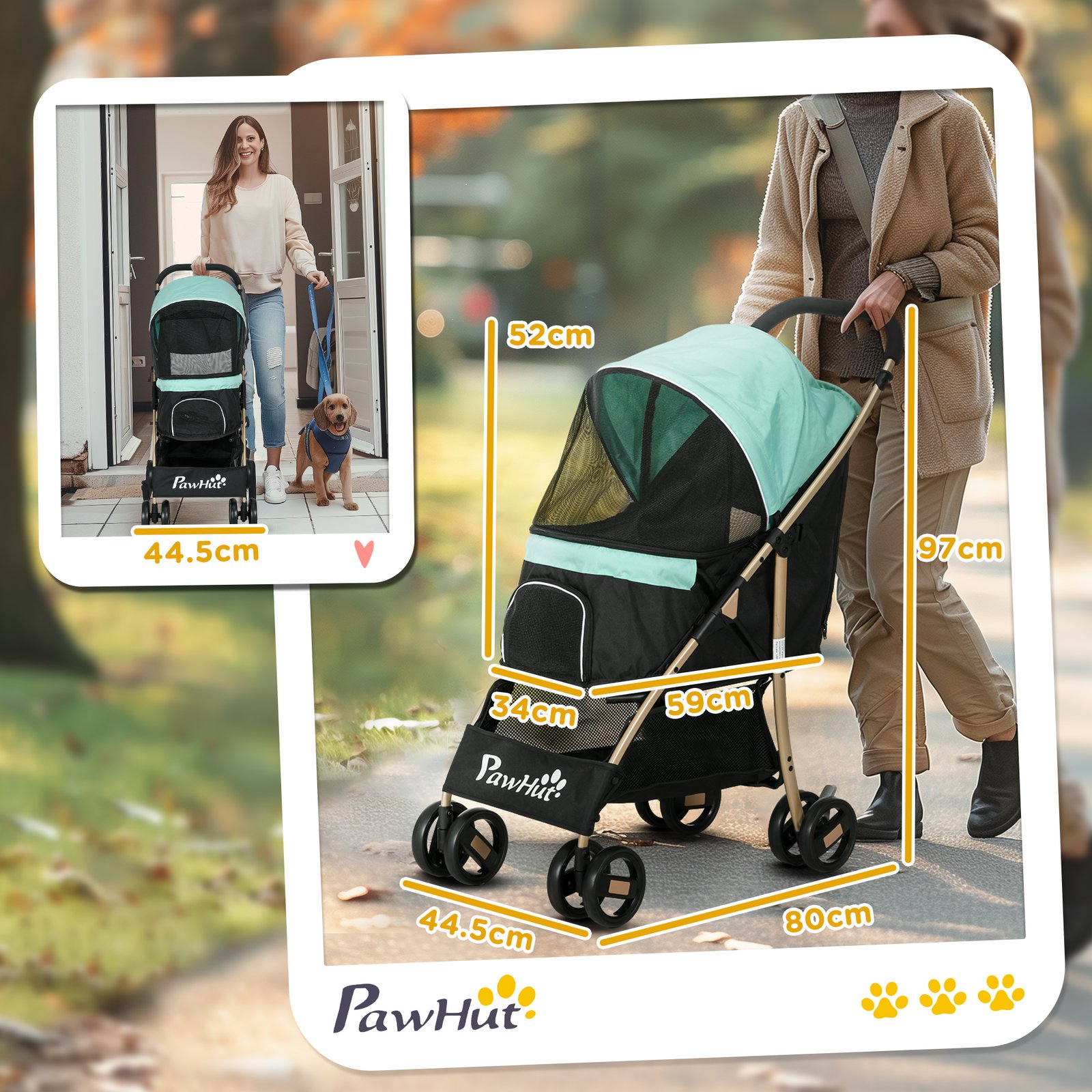 PawHut Pet Stroller for Small and Miniature Dogs, with Rain Cover - Green - Image 3