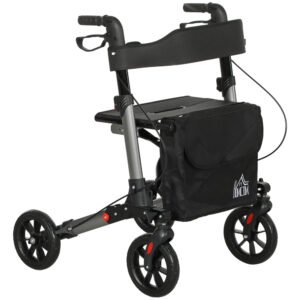 HOMCOM Rollator Walker with Seat, Compact Quick Folding Mobility Walker with 8" Wheels, Carry Bag, Adjustable Height, Cane Holder and Lightweight Aluminium Frame for Seniors and Disabled, Silver