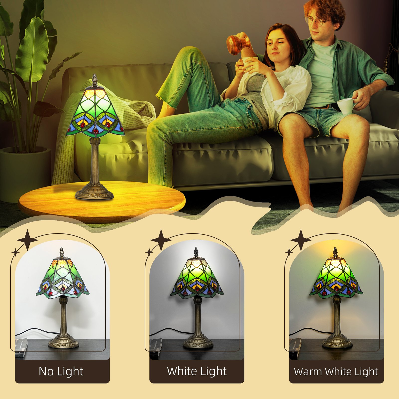 HOMCOM Tiffany-Style Table Lamp with Geometric Patterns, Handcrafted Antique Stained Glass Bedside Lamp for Living Room and Bedroom, E27 Socket, Green - Image 6