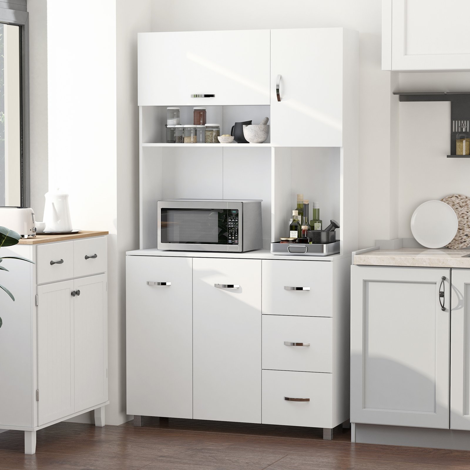 HOMCOM Kitchen Cupboard, 183cm Tall Storage Cabinet with Countertop, Sideboard with 3 Small Drawers, Flip Up Top Door, 3 Cabinet Doors and Open Shelves, 100W x 39.5D x 183.5H cm, White - Image 2
