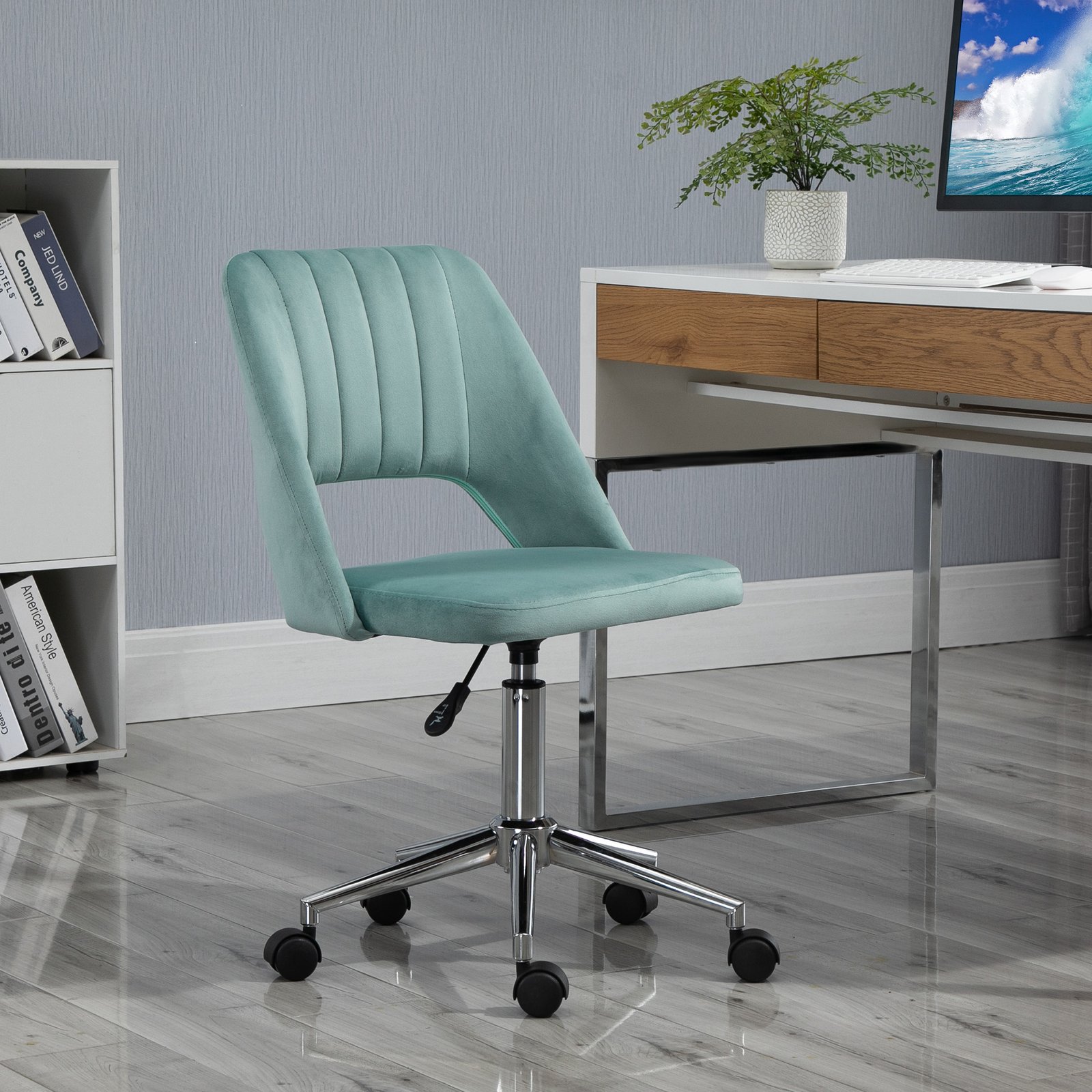 Vinsetto Mid Back Office Chair Velvet Fabric Swivel Scallop Shape Computer Desk Chair for Home Study Bedroom Green - Image 9