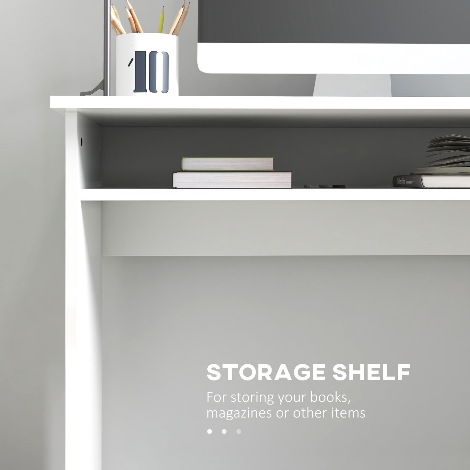 HOMCOM 90 x 50cm Computer Table, Modern Home Office Desk, Small Writing Desk with Storage Shelf, High Gloss White - Image 4