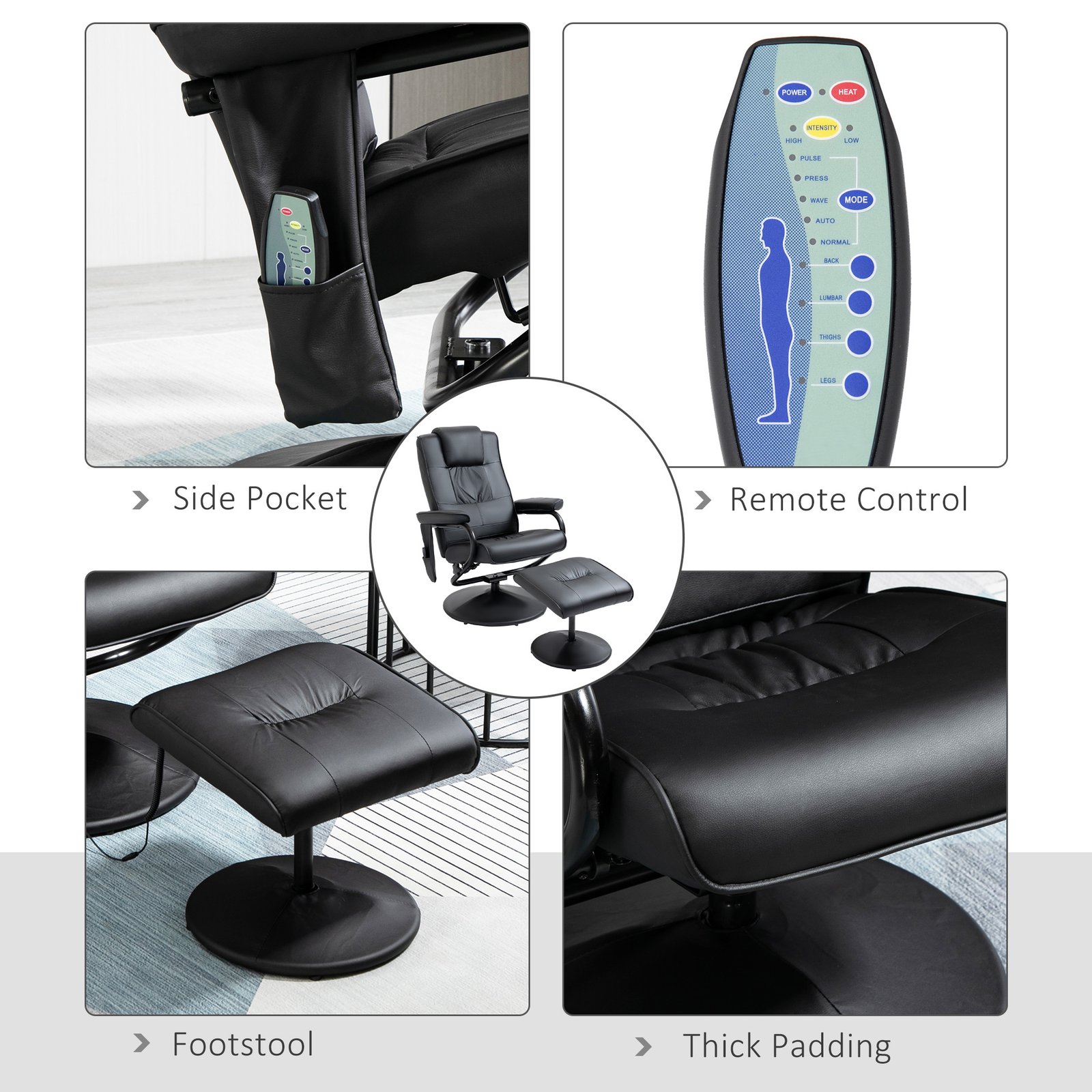 HOMCOM Swivel Recliner Chair and Footstool, Faux Leather Massage Recliner Armchair with Remote Control and Round Wrapped Base, Black - Image 6