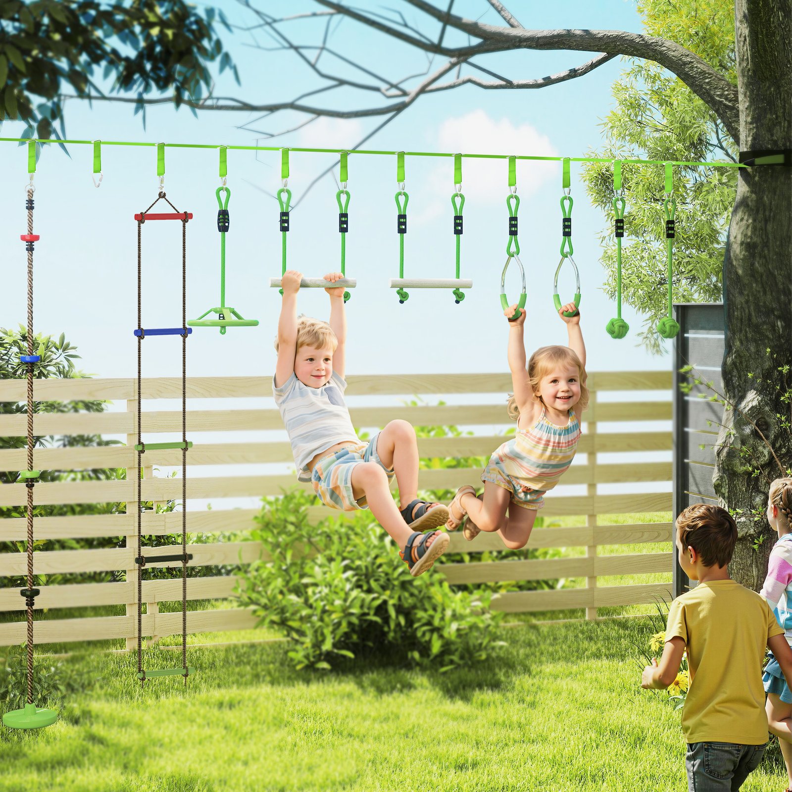 AIYAPLAY Obstacle course for Kids, with 10-Piece Slackline Kit with Monkey Bars, Gym Rings, Rope Ladder, Nest Swing, Hanging Tray - Image 2