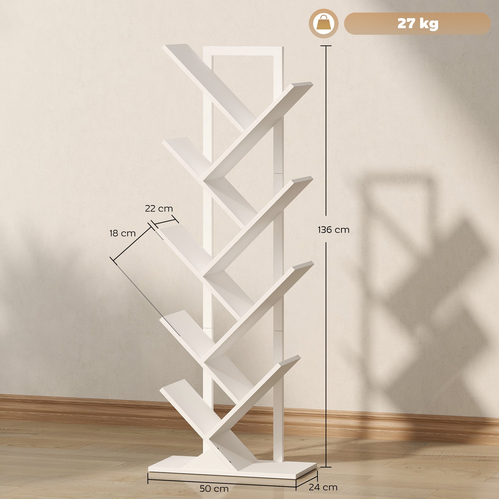 HOMCOM 9-Tier Tree Bookshelf, Industrial Free Standing Bookcase with Steel Frame, Display Storage White - Image 3