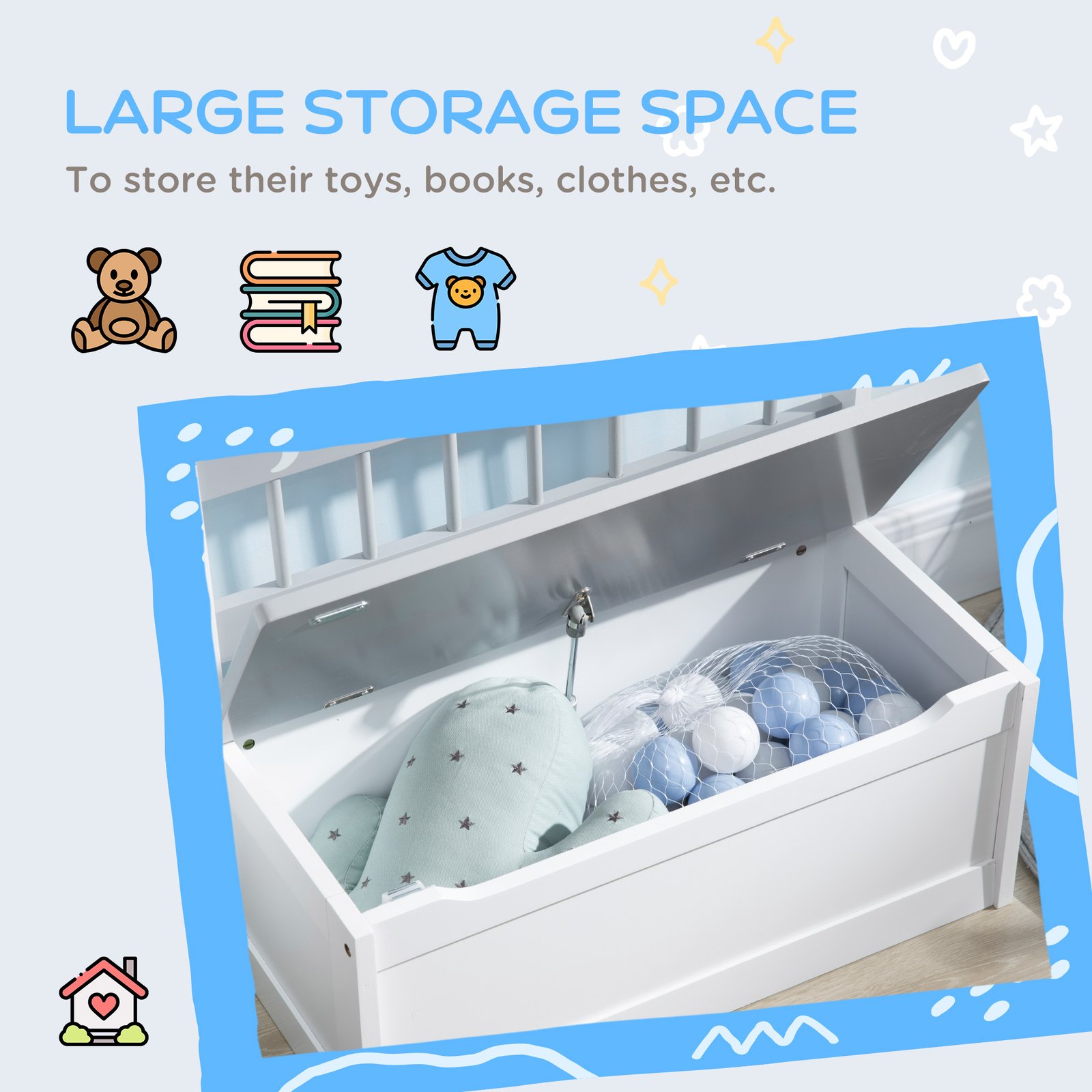 ZONEKIZ 2 In 1 Kids Storage Bench, Toy Box w/ Safety Rod - Grey - Image 6