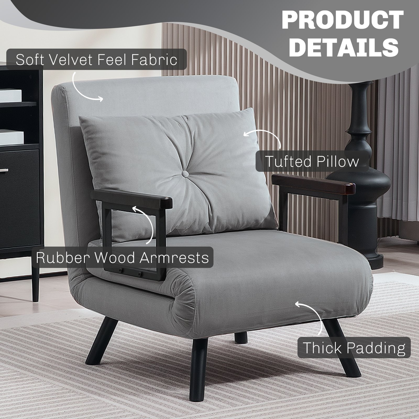 HOMCOM 4-in-1 Velvet-Feel Single Chair Bed, with Pillow - Light Grey - Image 6