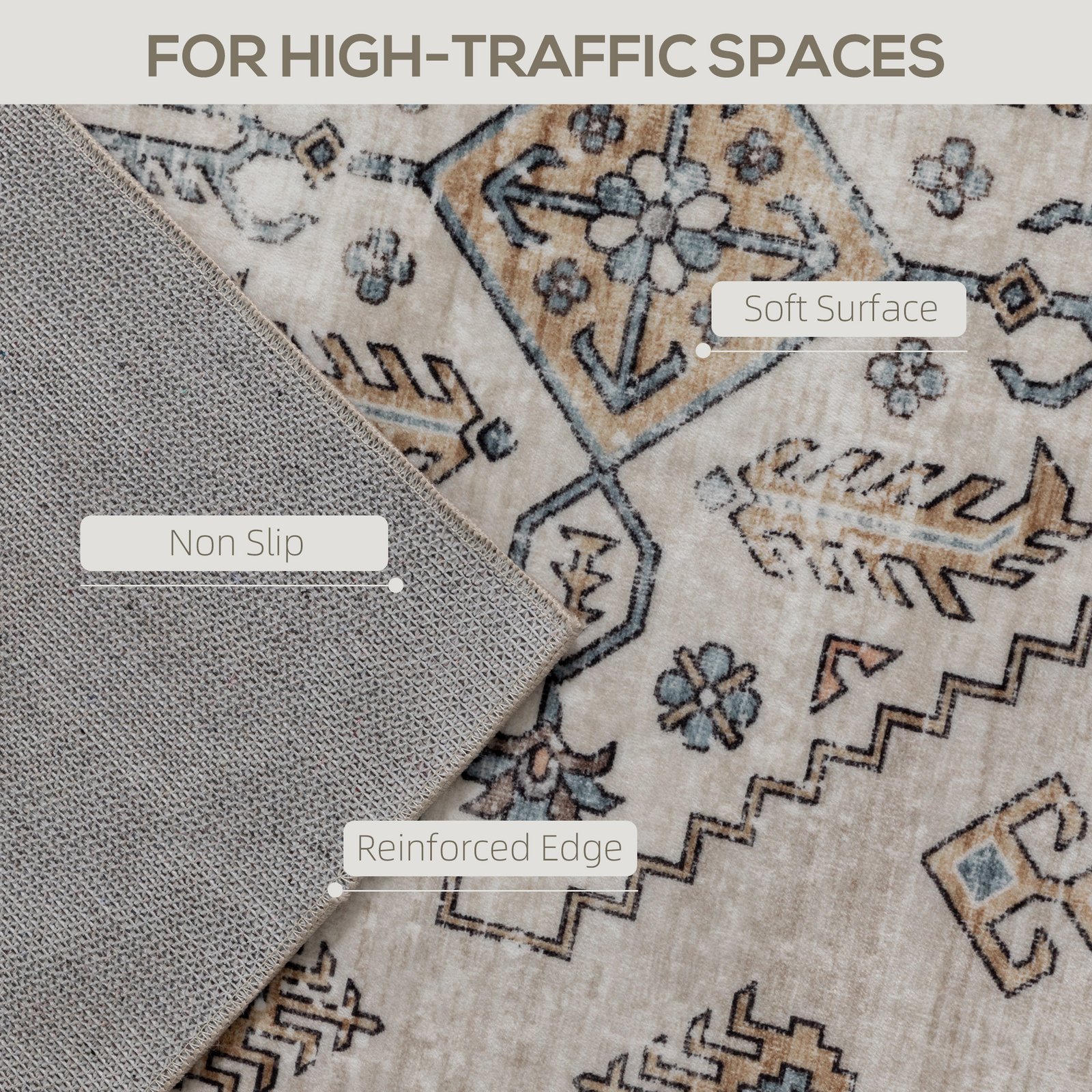 HOMCOM Vintage Area Rug, Non-Slip Washable Rug, Flannel Floor Carpet for Living Room, Bedroom, Dining Room, Home Office, 170 x 120 cm, Beige - Image 4