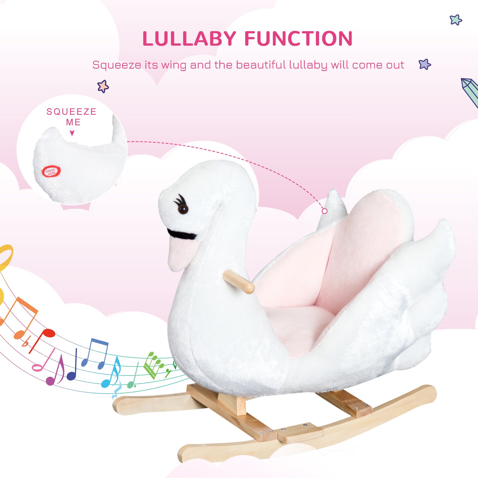 HOMCOM Kids Rocking Horse Plush Ride On Swan Toy w/ Safety Seat for Toddler 18 Months +, White and Pink - Image 4