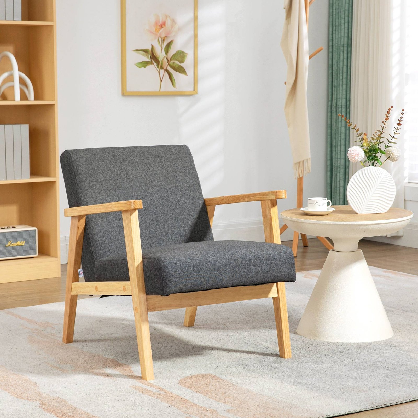 HOMCOM Fabric Accent Chair for Living Room, Arm Chair with Rubber Wood Frame and Padded Cushion, Dark Grey - Image 2