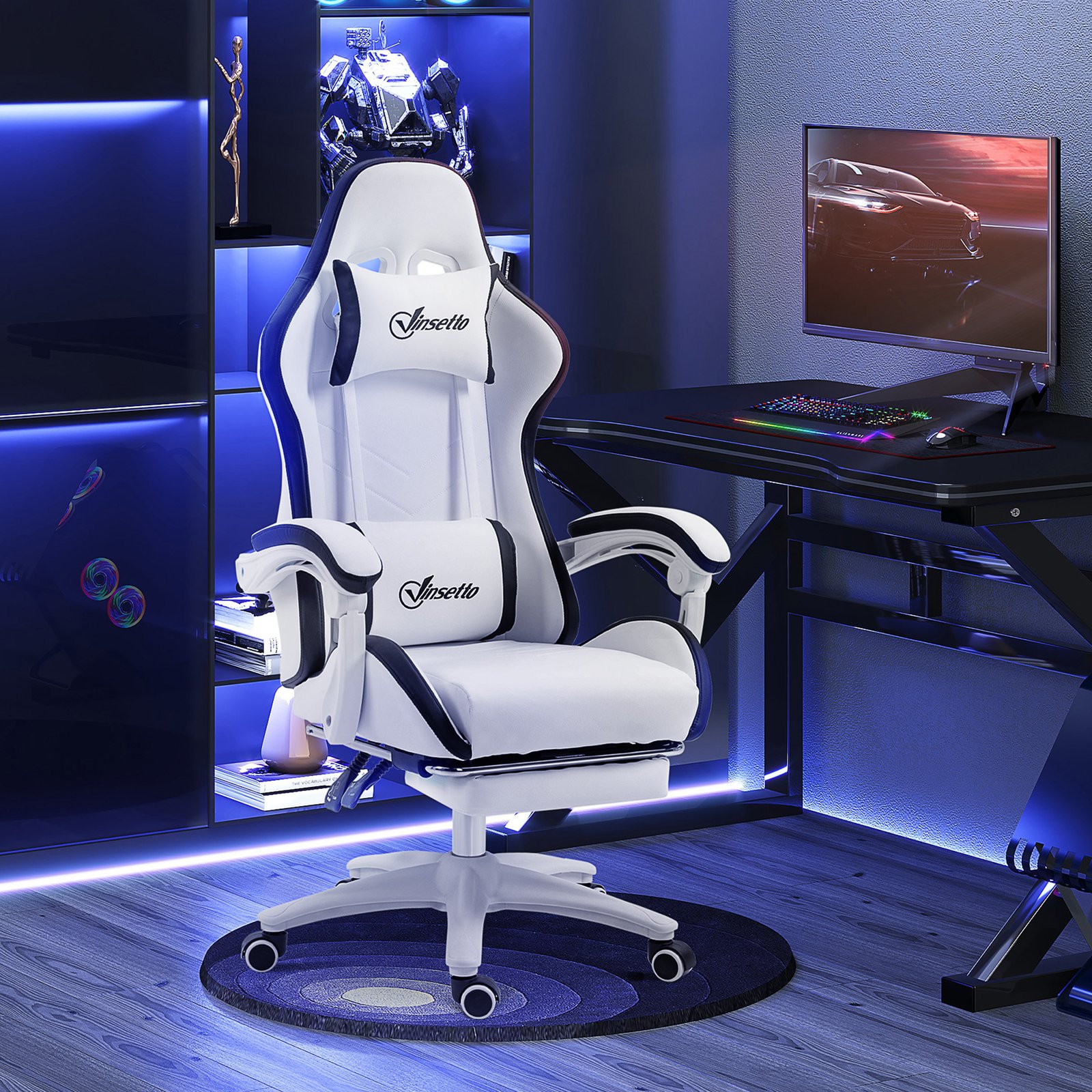 Vinsetto Ergonomic Computer Gaming Chair, PU Leather Office Desk Chair with Footrest, Swivel Wheels, 135° Reclining Back, Lumbar Support, Headrest for Home, White and Black - Image 8