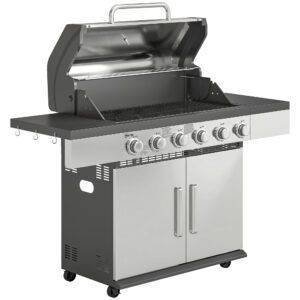 Outsunny 6 Burner Liquid Propane Gas BBQ Grill, Outdoor Portable Gas Barbecue Grill with Warming Rack, Side Tables, Cabinet