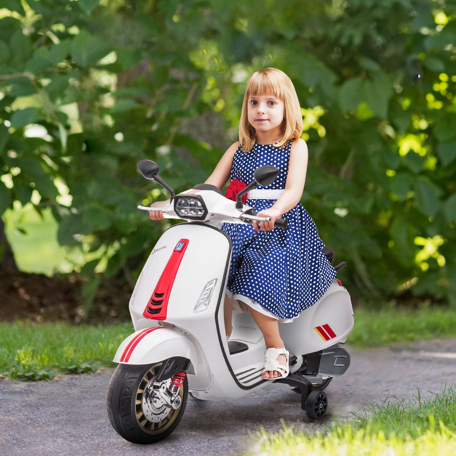 AIYAPLAY 12V Vespa Licensed Kids Electric Motorbike w/ Music, Lights, FM Radio, for 3-6 Years - White - Image 2