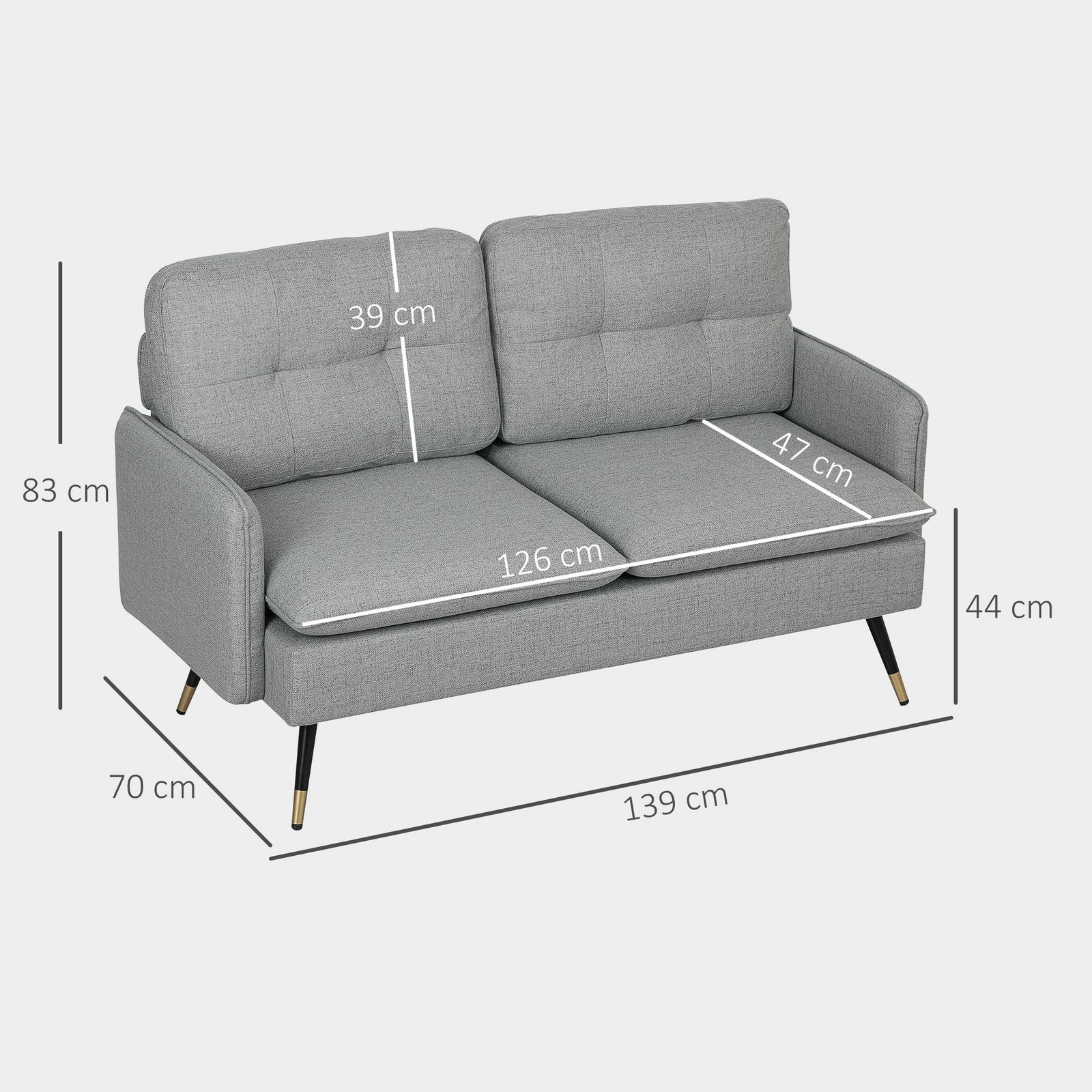 HOMCOM Modern Two Seater Sofa, Button Tufted Loveseat with Cushions and Steel Legs for Living Room, Guest Room, Grey - Image 3