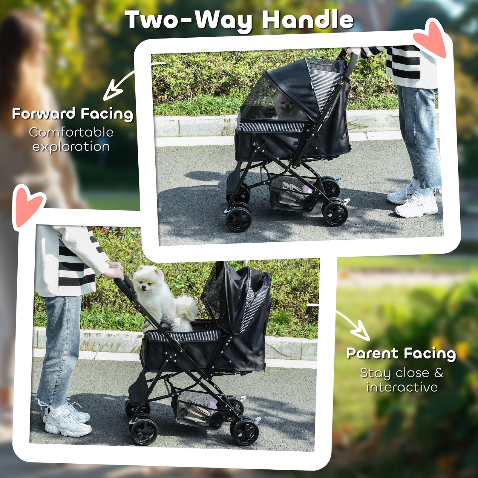 PawHut Pet Stroller Pushchair Foldable Travel Dog Cat Carriage w/ Reversible Handle Brake Basket - Image 8