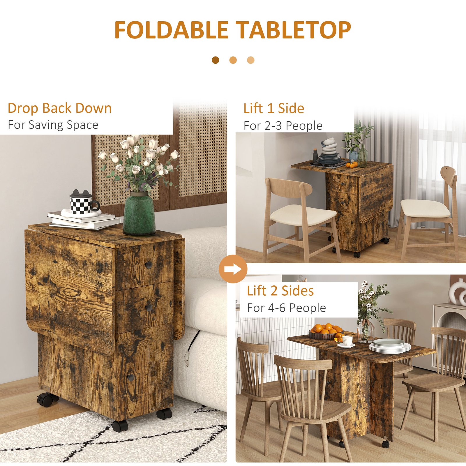 HOMCOM Multi-Storage Six-Person Drop Leaf Dining Table - Rustic Brown - Image 5