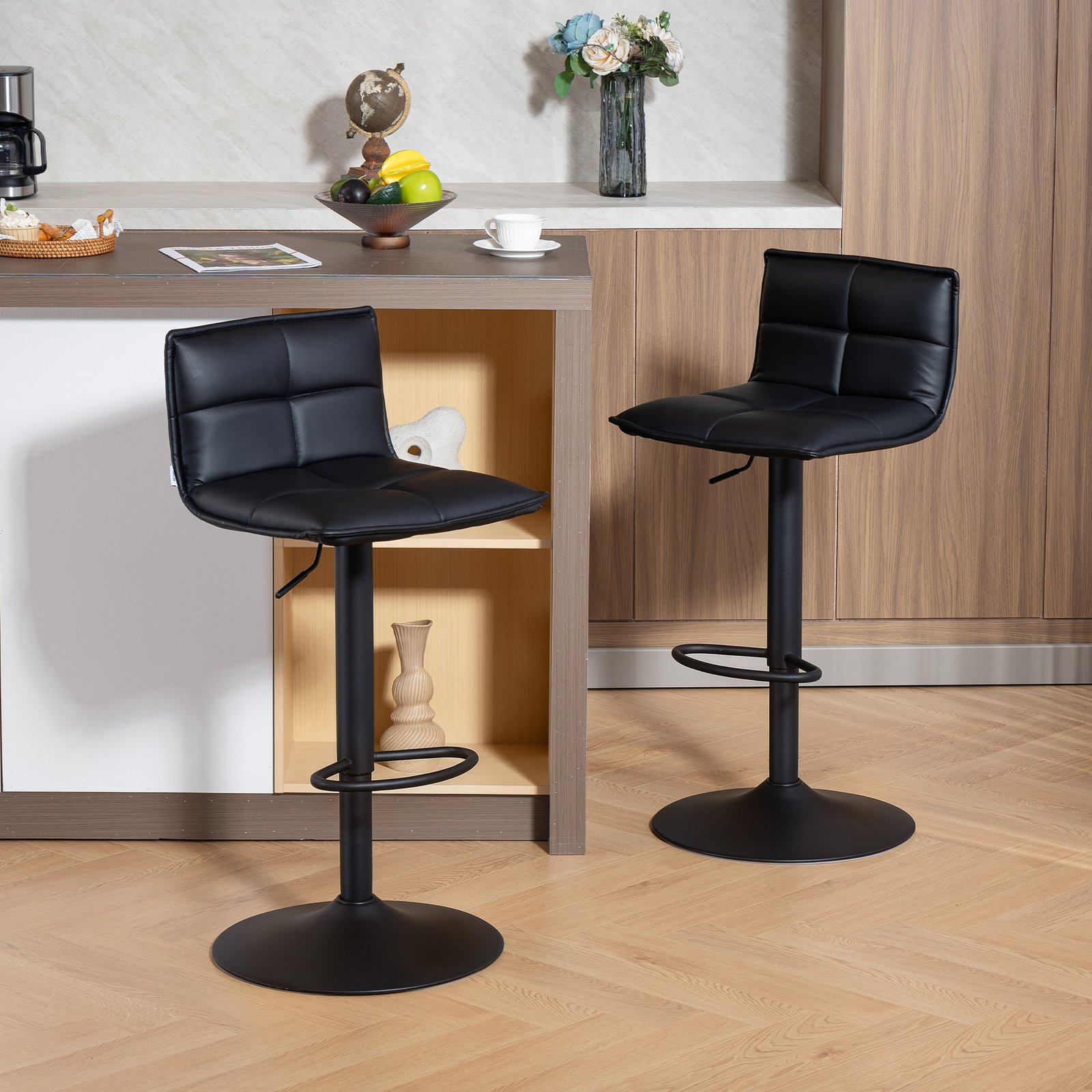 HOMCOM Set of Two Modern Faux Leather Bar Stools - Black - Image 2