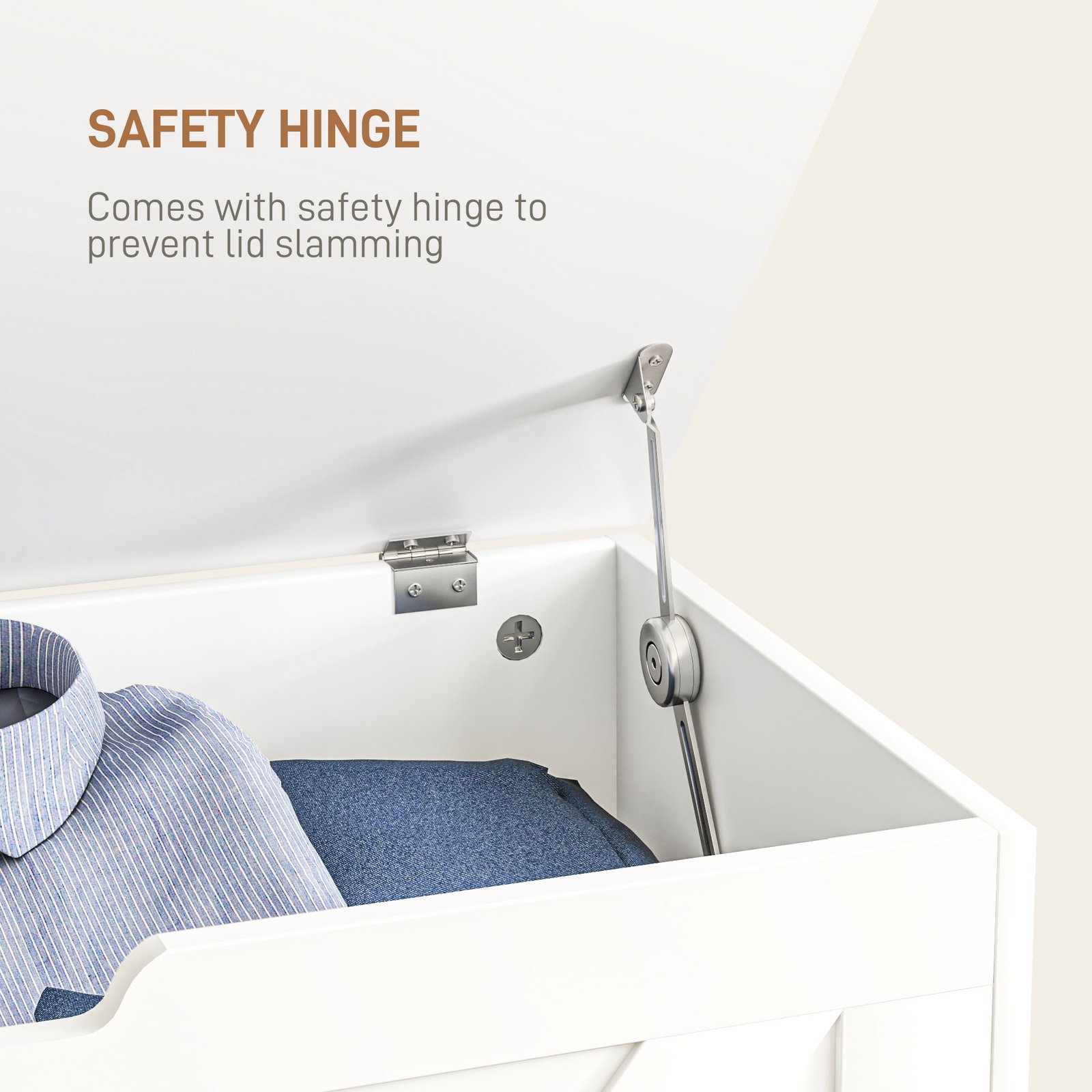 HOMCOM 100L Home Storage Box, with Safety Hinges - White Wood-Effect - Image 5