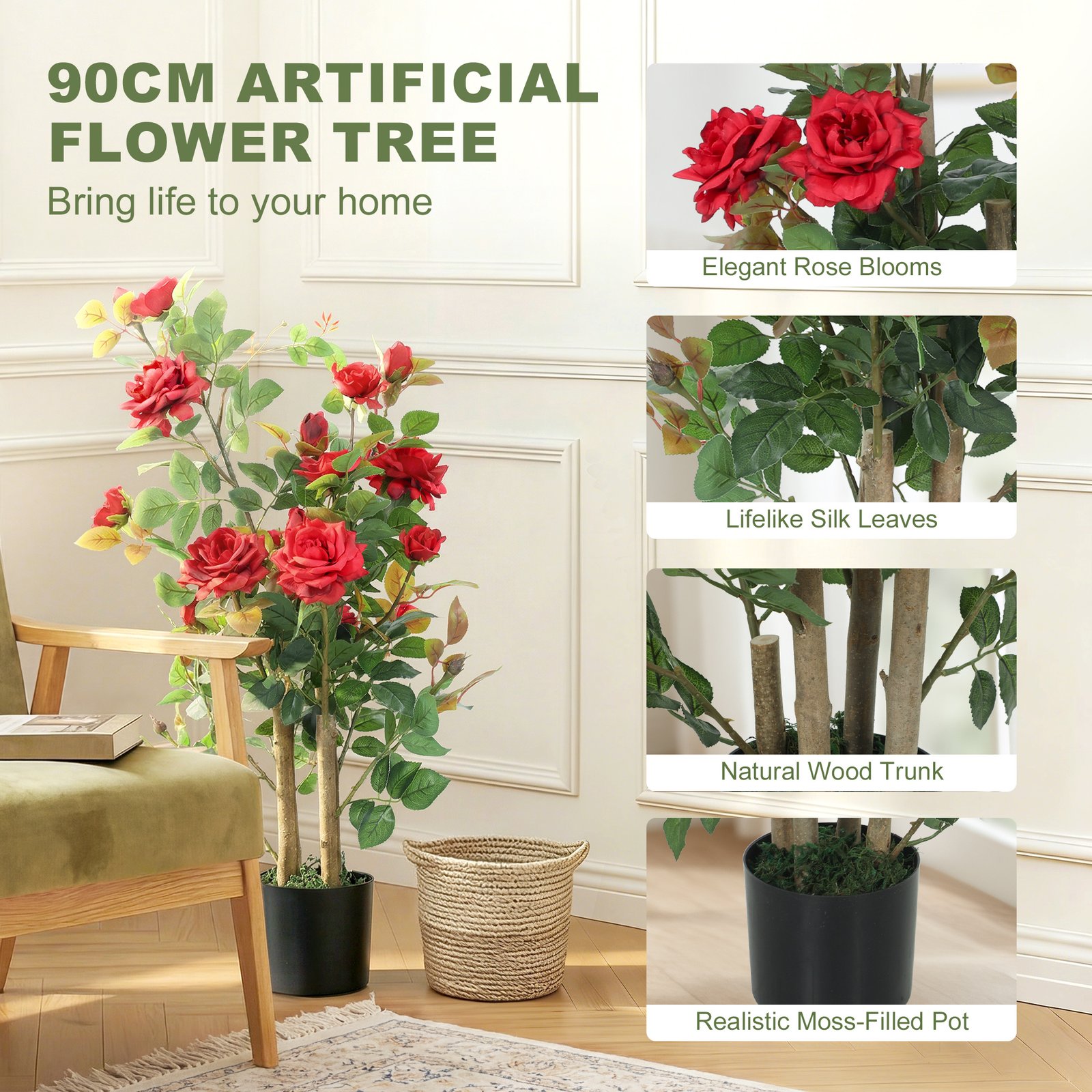 HOMCOM 90cm Artificial Rose Tree, Decorative Fake Plant with 344 Silk Leaves 17 Flowers for Outdoor Indoor Decor, Red - Image 5