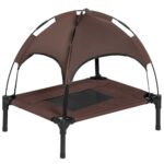 PawHut Outdoor Dog Bed with Removable Canopy, Portable Raised Dog Bed for Camping, Garden & Beach, Water-Resistant UV-Protection Mesh Pet Cot Sun Lounger, for Small Pets, 61 x 46 x 62 cm, Brown