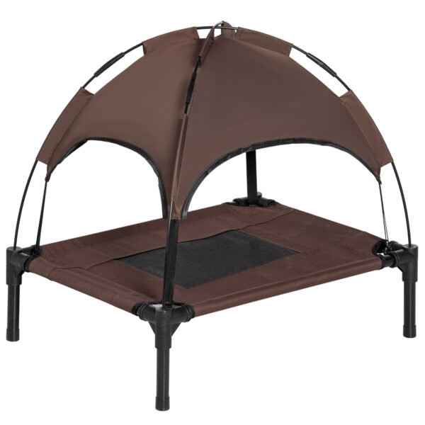 PawHut Outdoor Dog Bed with Removable Canopy, Portable Raised Dog Bed for Camping, Garden & Beach, Water-Resistant UV-Protection Mesh Pet Cot Sun Lounger, for Small Pets, 61 x 46 x 62 cm, Brown