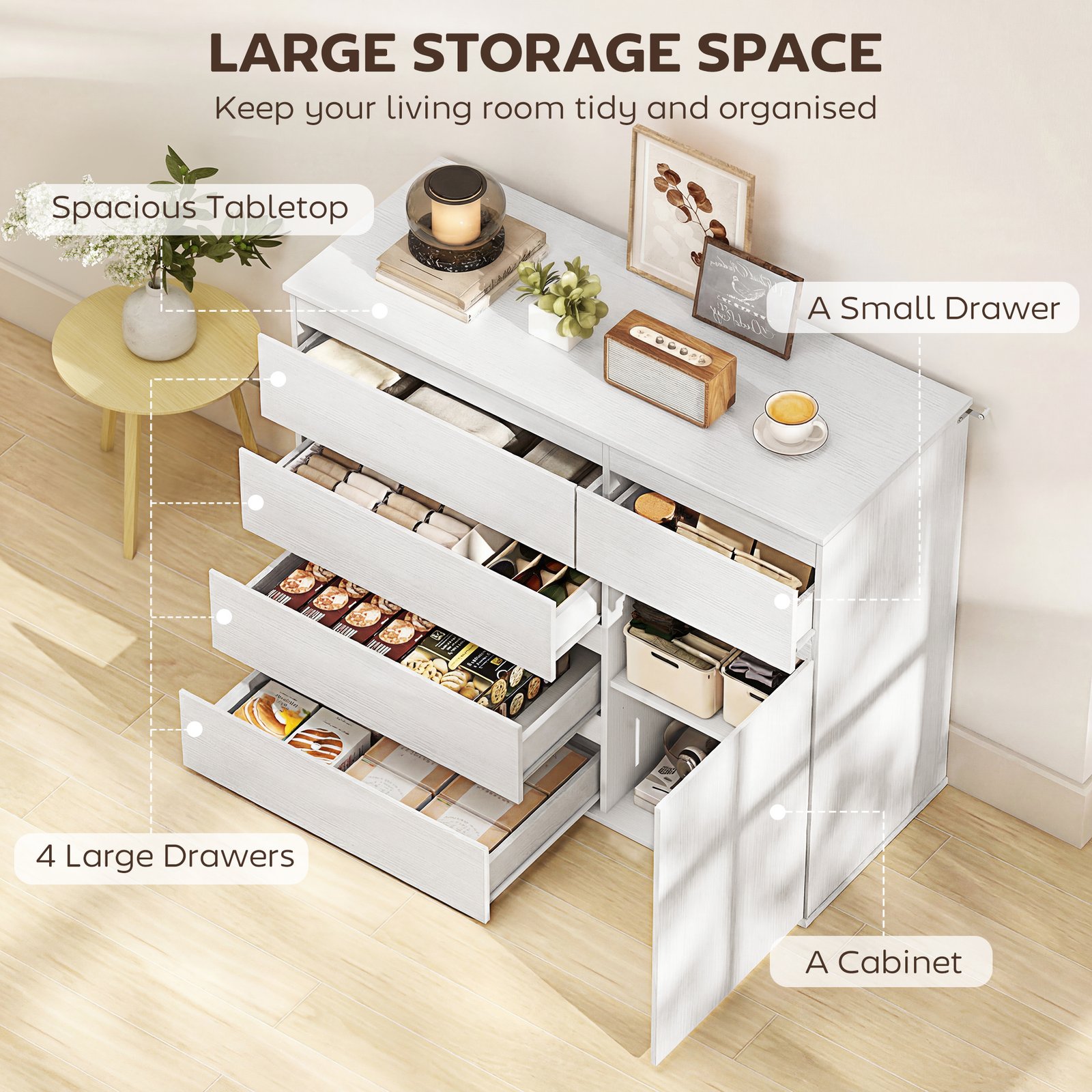 HOMCOM Modern Chest Of Drawers, 5 Drawer Dresser with Adjustable Shelf, Soft-Close Door, White - Image 4